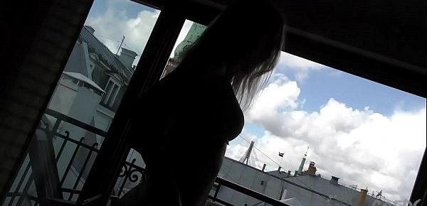  teen jete glass dildo on my balcony my helping hand to squirt surprise